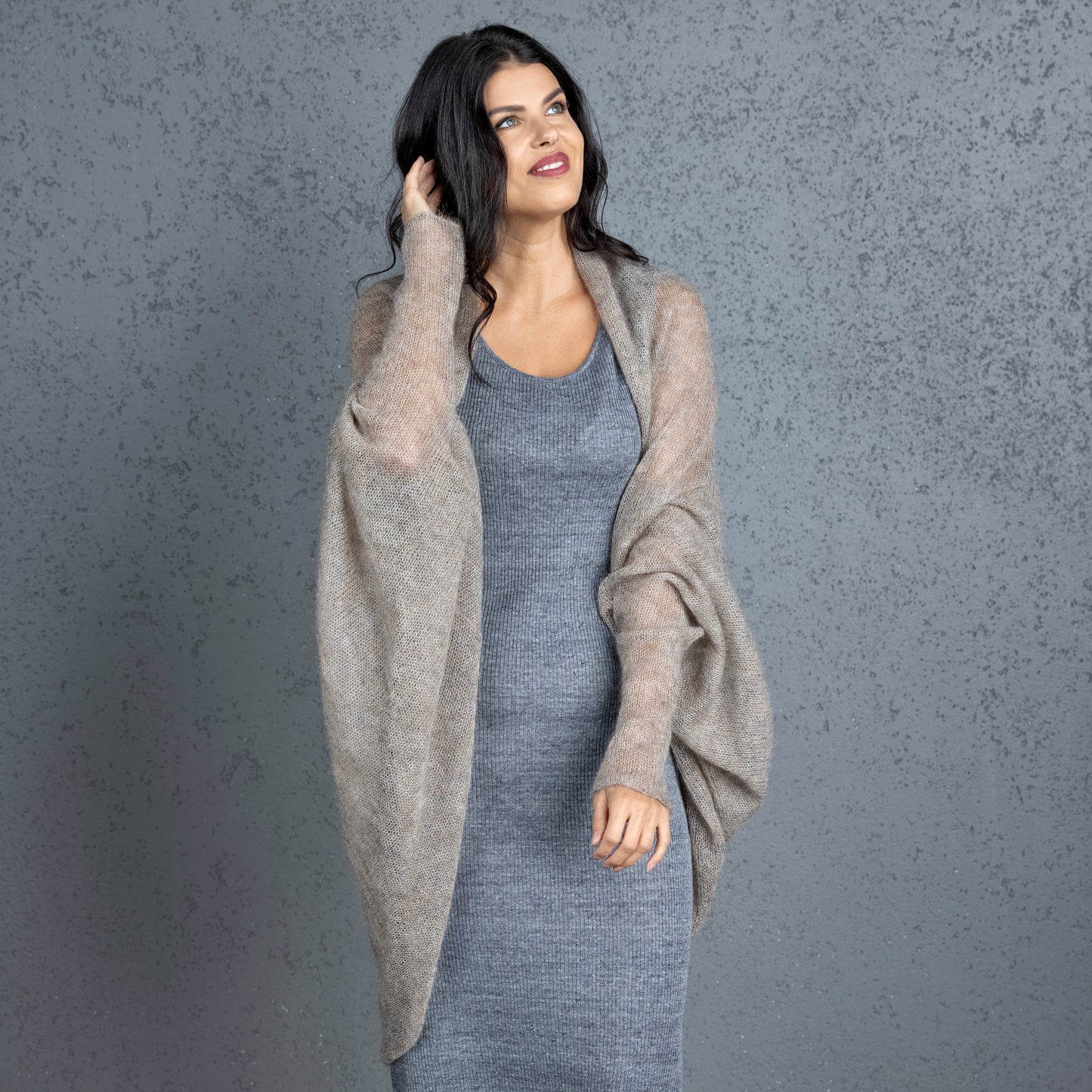 Knit lightweight mohair long cardigan wrap WRAPER - cocoa