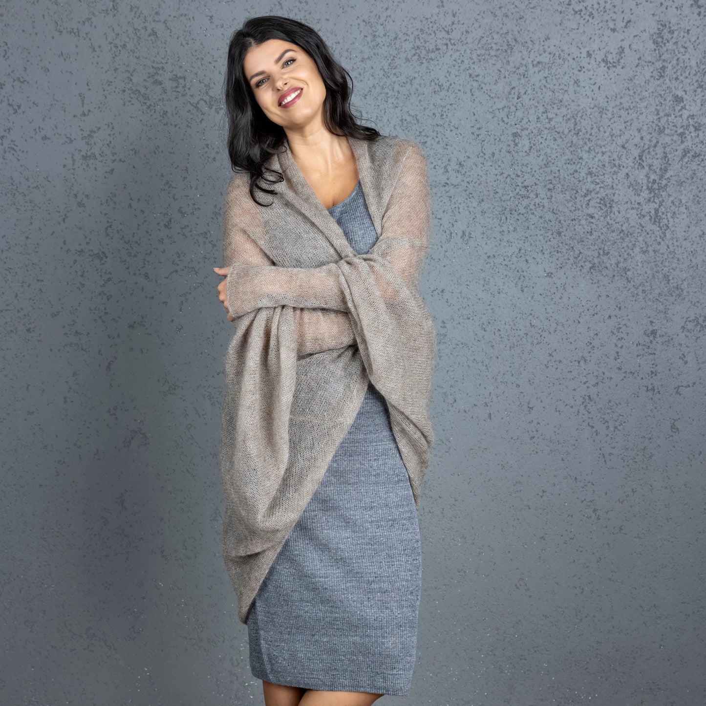 Knit lightweight mohair long cardigan wrap WRAPER - cocoa