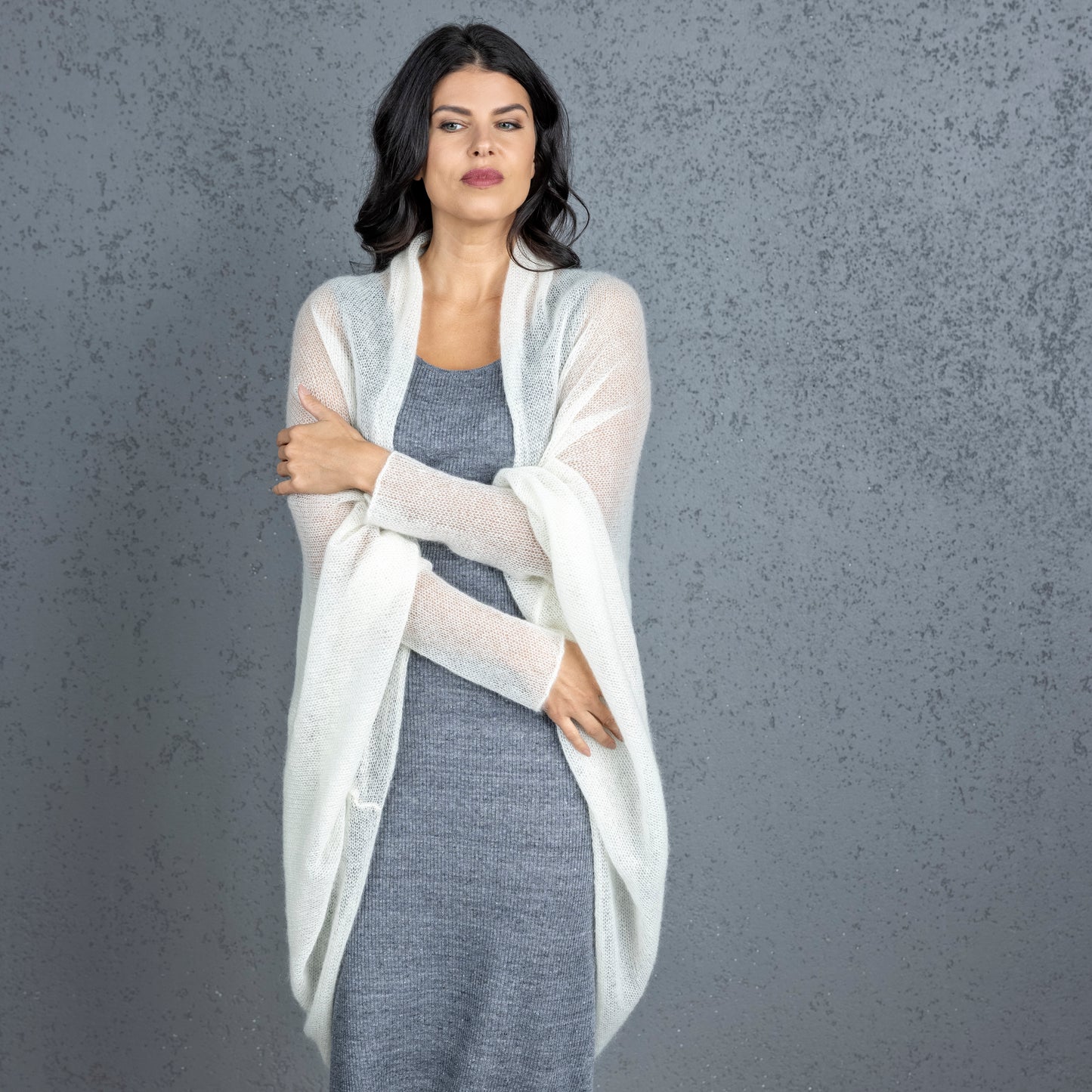 Knit lightweight mohair long cardigan wrap WRAPER - ivory