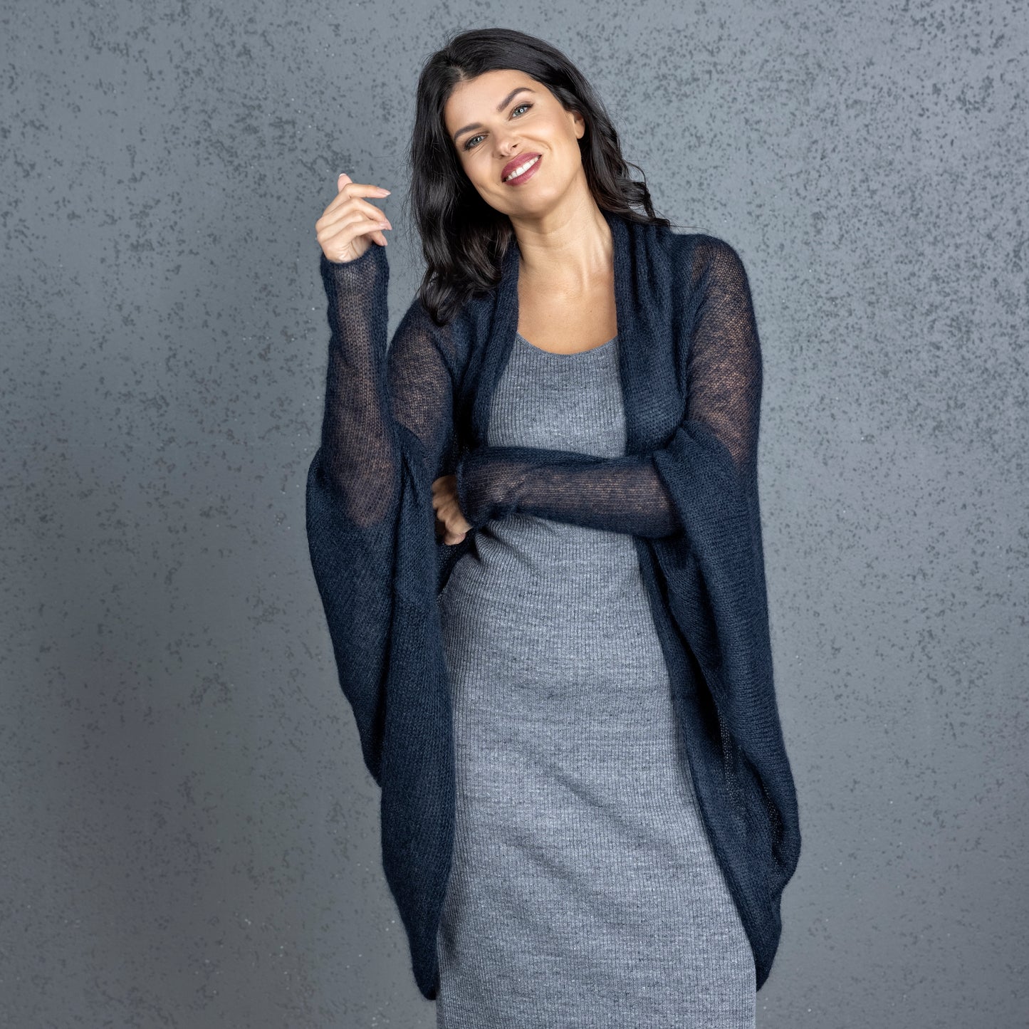 Knit lightweight mohair long cardigan wrap WRAPER - dark blue
