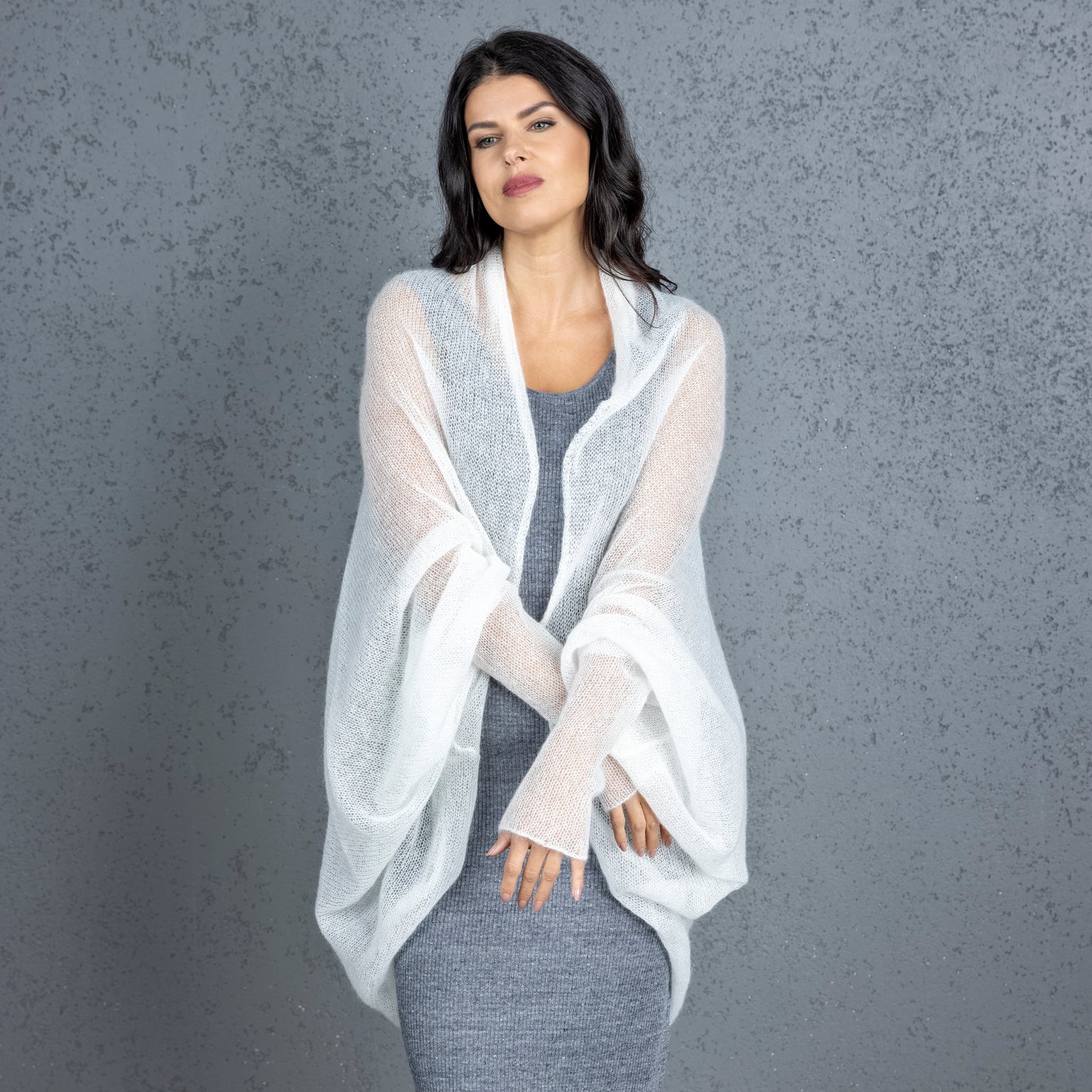 Knit lightweight mohair long cardigan wrap WRAPER - white