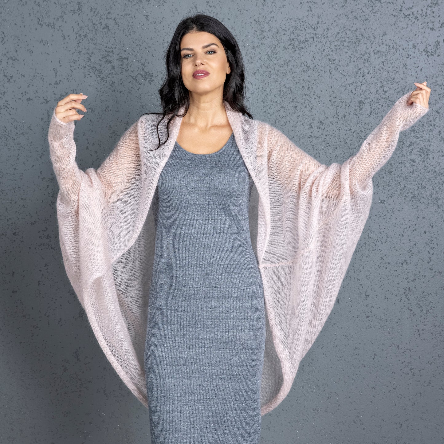 Knit lightweight mohair long cardigan wrap WRAPER - dusty rose