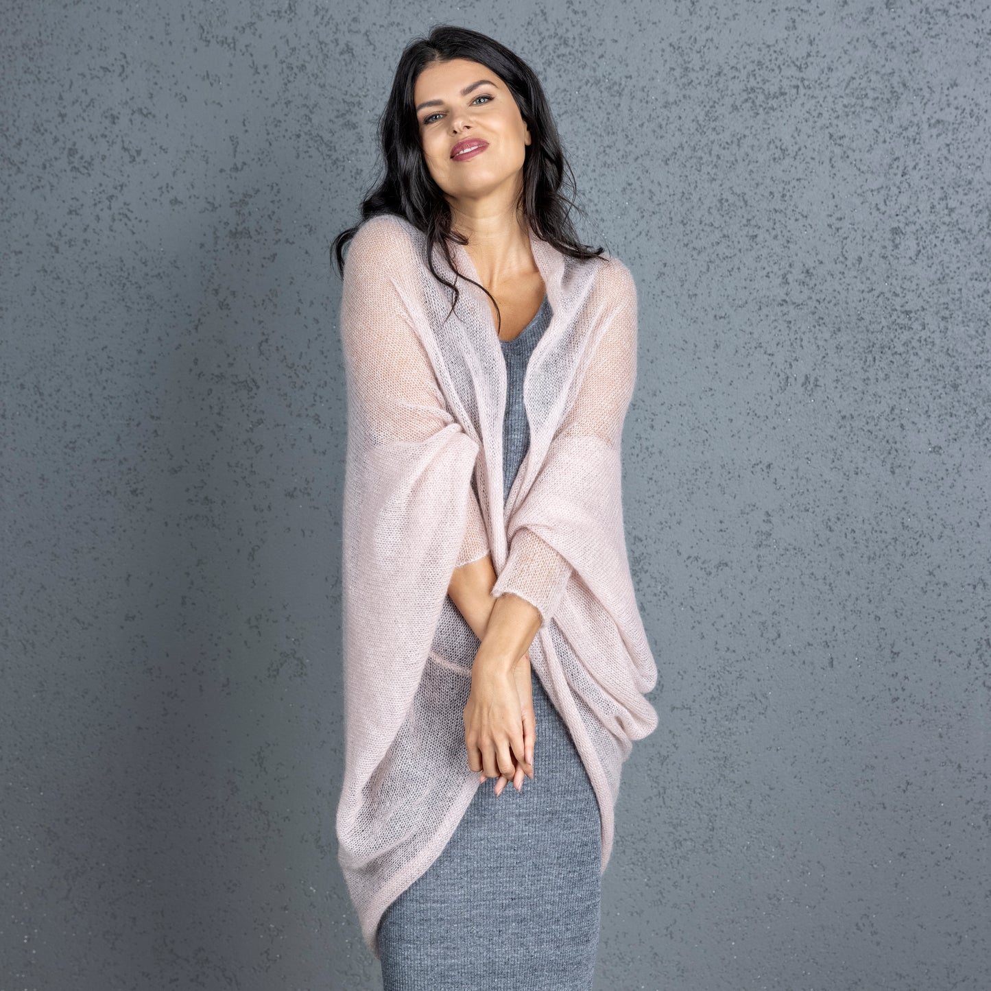 Knit lightweight mohair long cardigan wrap WRAPER - dusty rose