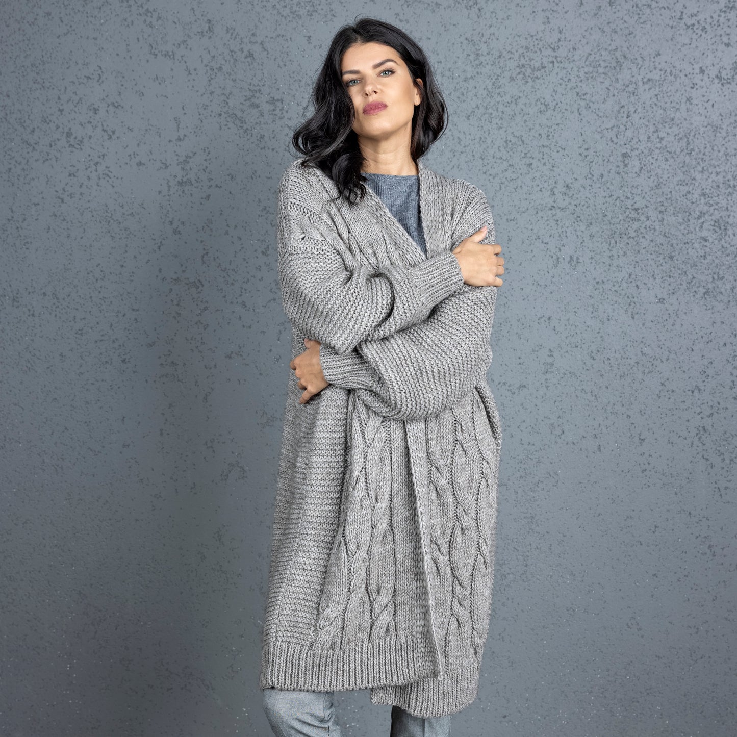 Chunky knit alpaca wool cardigan CATHERINE - cocoa
