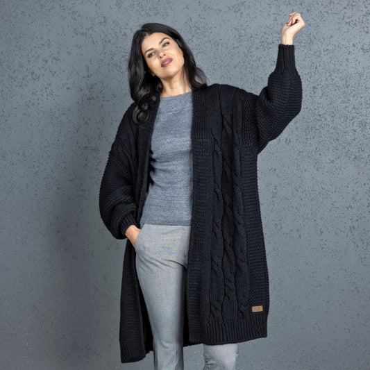 Chunky knit alpaca wool cardigan CATHERINE - black