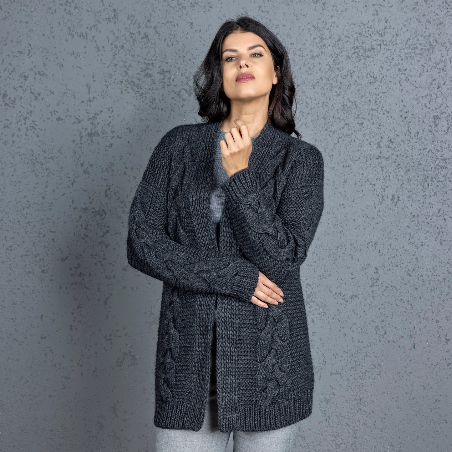 Chunky knit alpaca wool cardigan NORA - dark gray