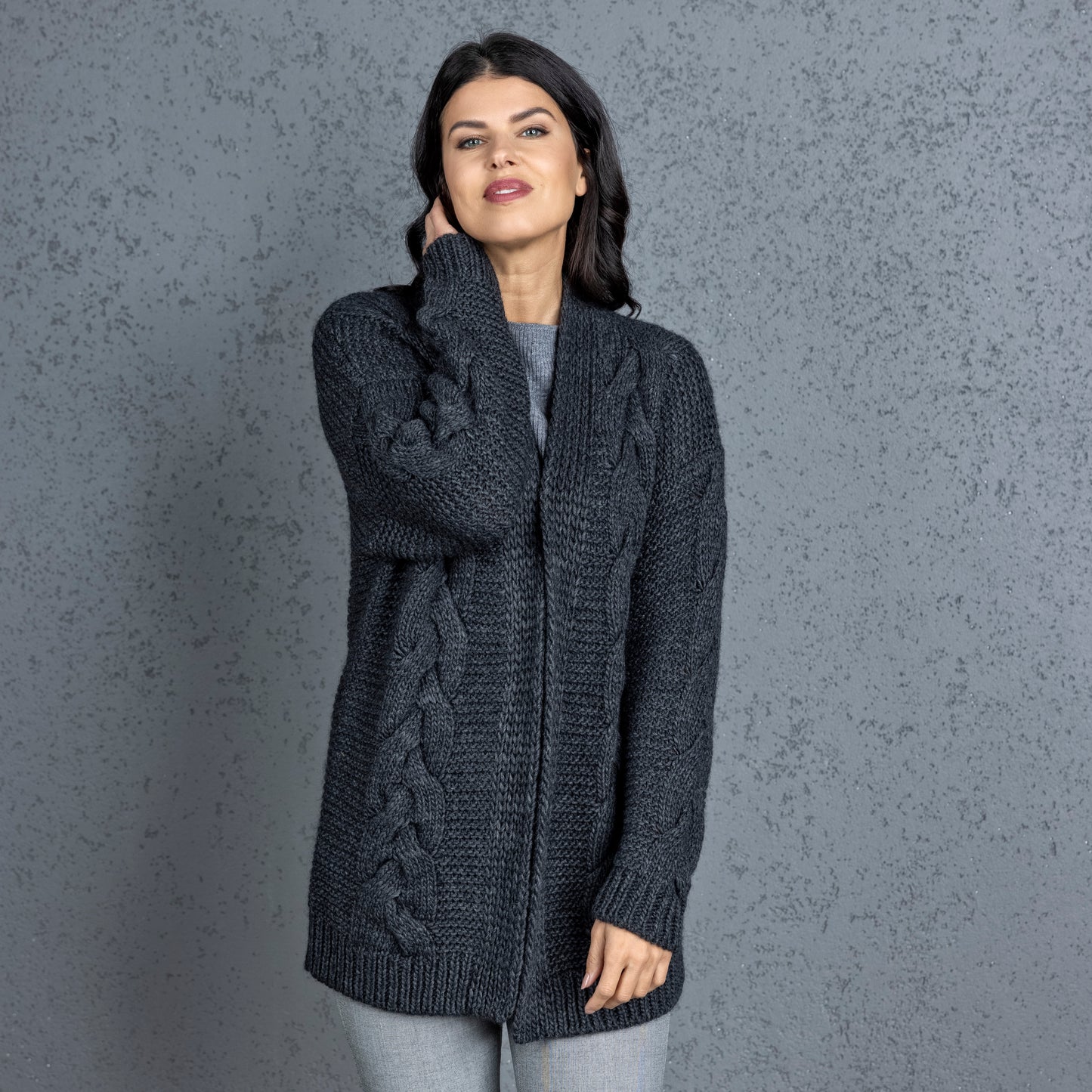 Chunky knit alpaca wool cardigan NORA - dark gray