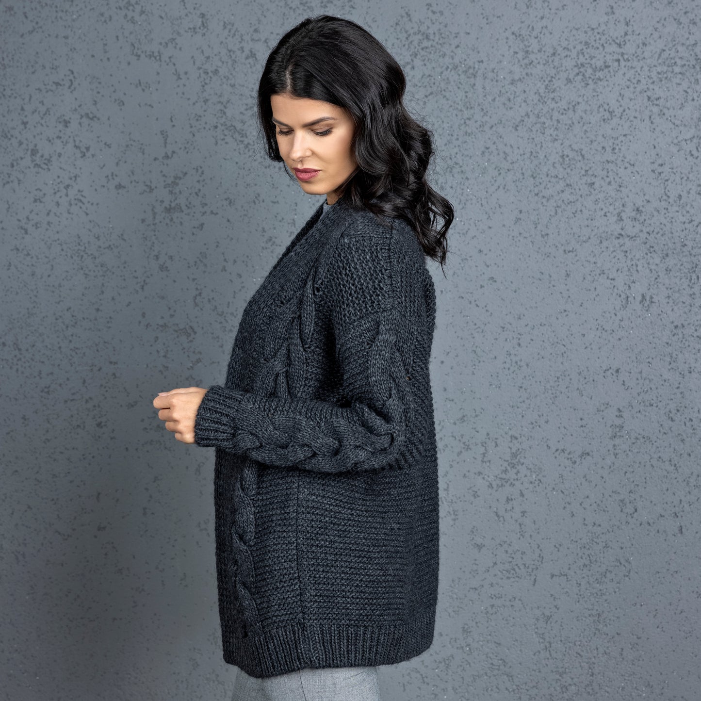 Chunky knit alpaca wool cardigan NORA - dark gray
