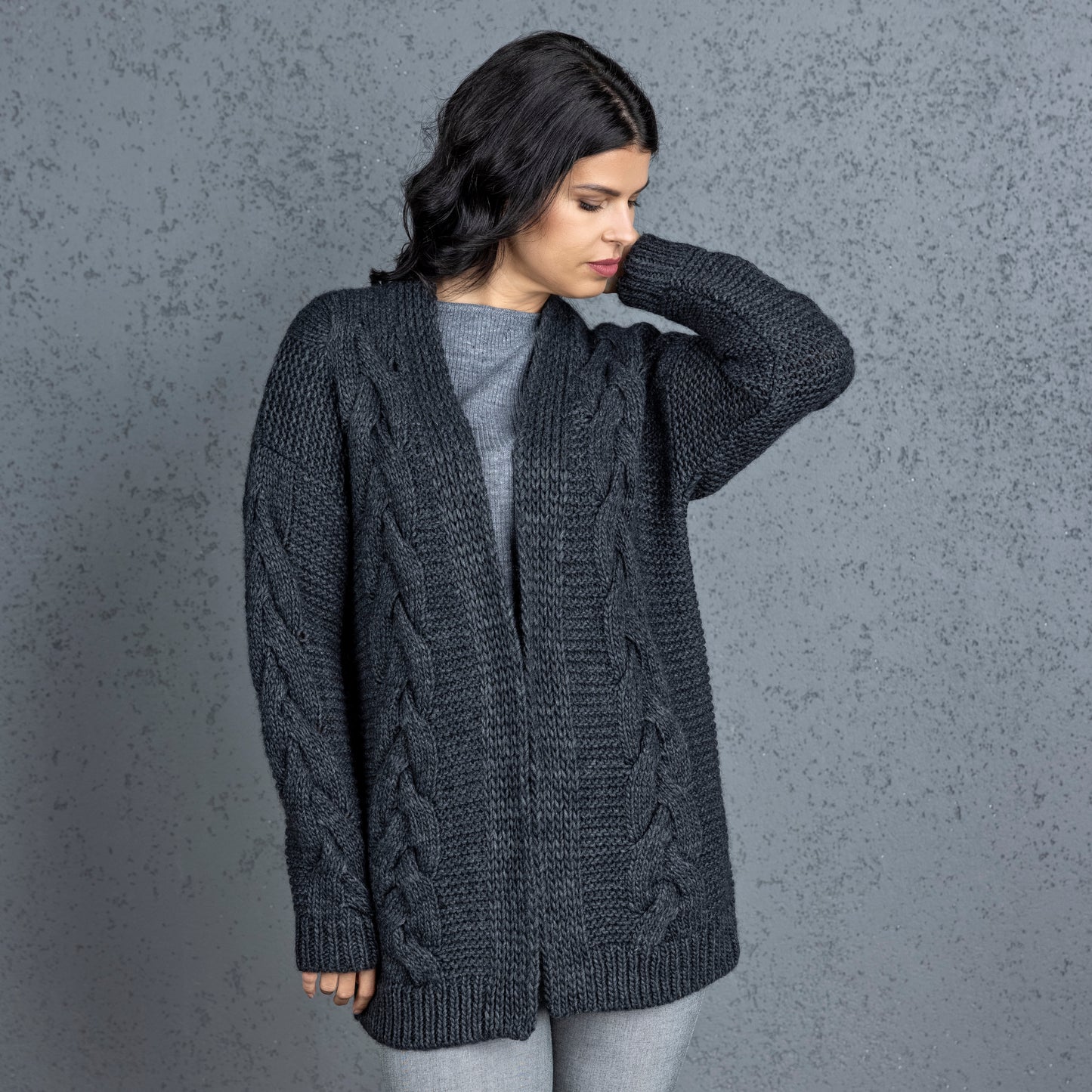 Chunky knit alpaca wool cardigan NORA - dark gray
