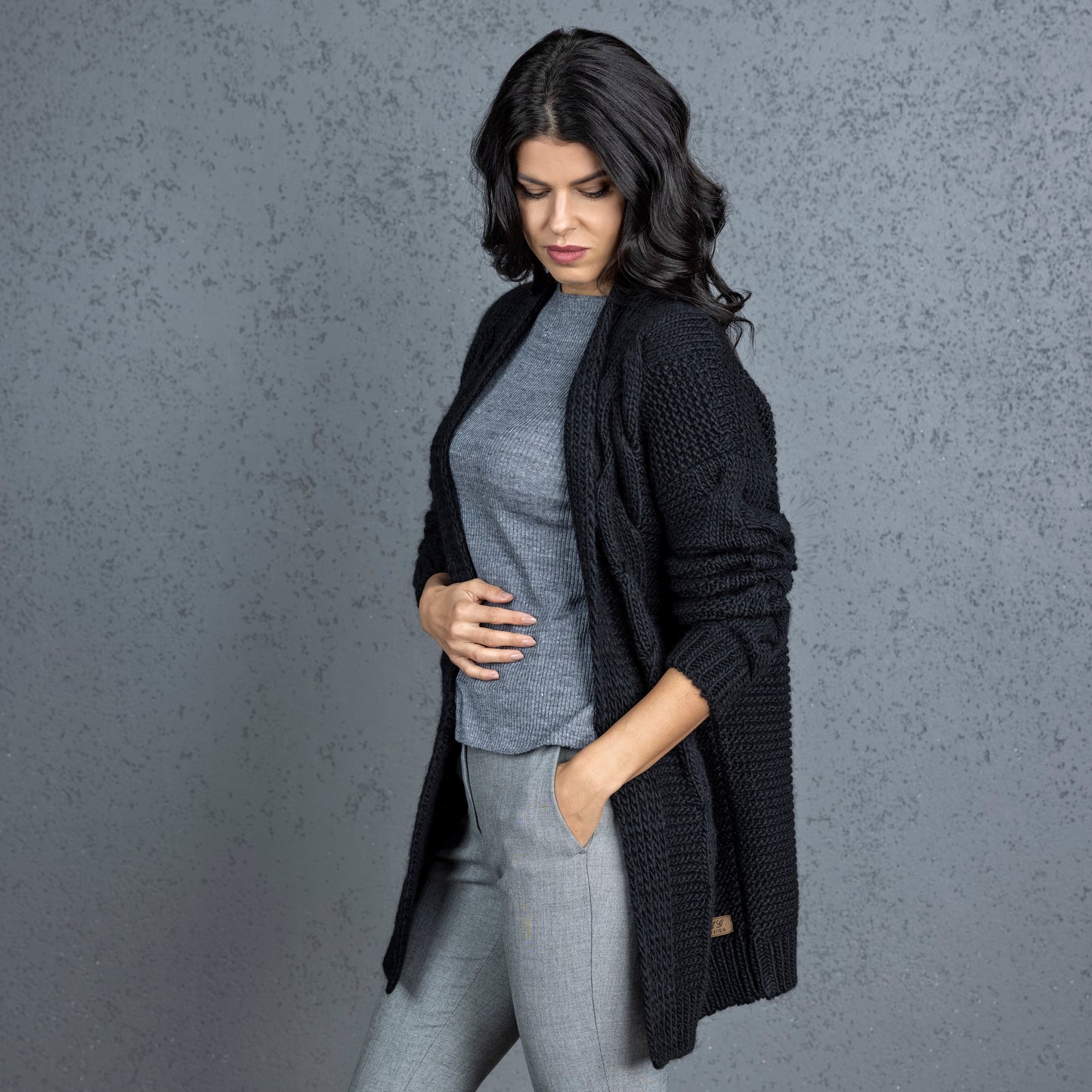 Chunky knit alpaca wool cardigan NORA - black