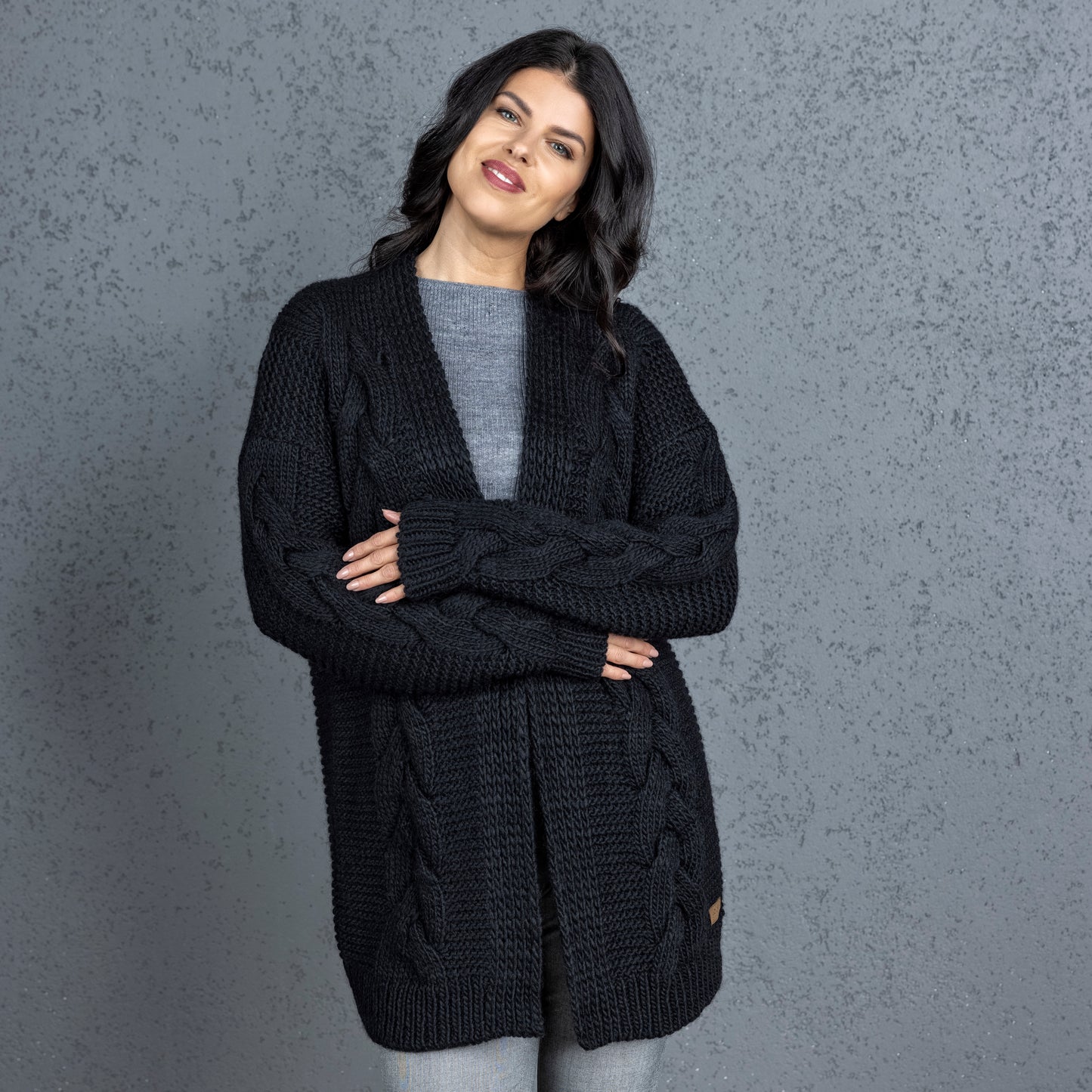 Chunky knit alpaca wool cardigan NORA - black