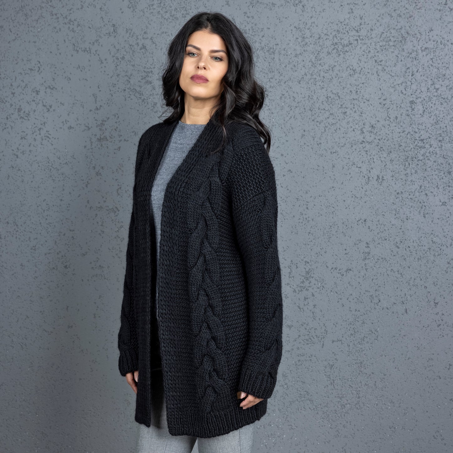 Chunky knit alpaca wool cardigan NORA - black
