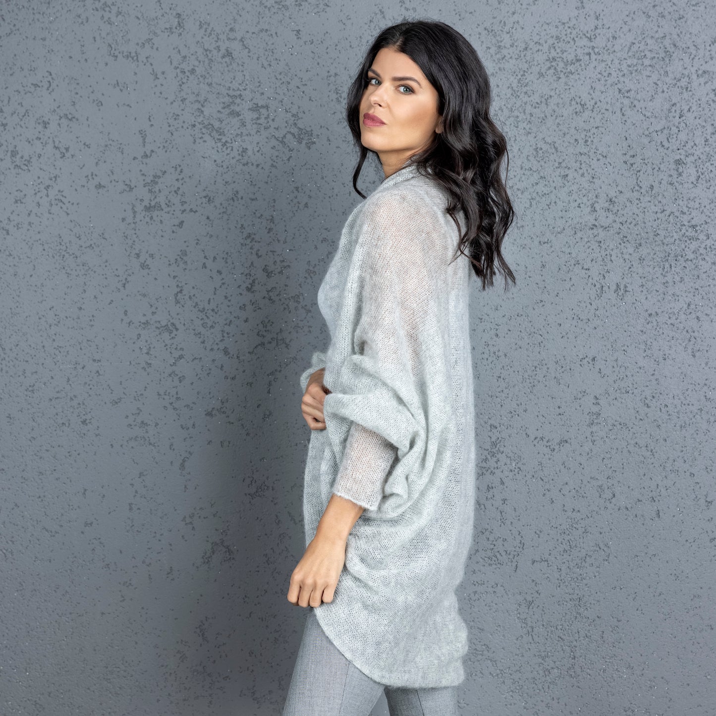Knit lightweight mohair long cardigan wrap WRAPER - light gray