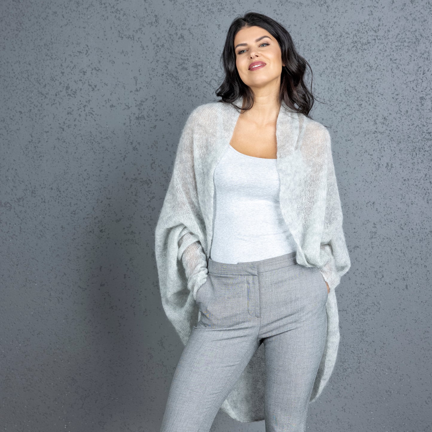 Knit lightweight mohair long cardigan wrap WRAPER - light gray