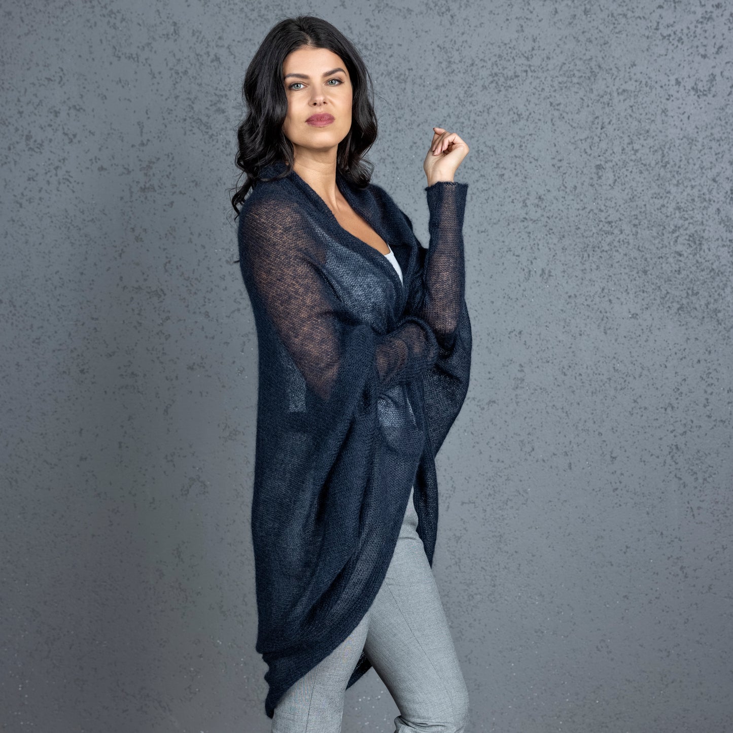 Knit lightweight mohair long cardigan wrap WRAPER - dark blue