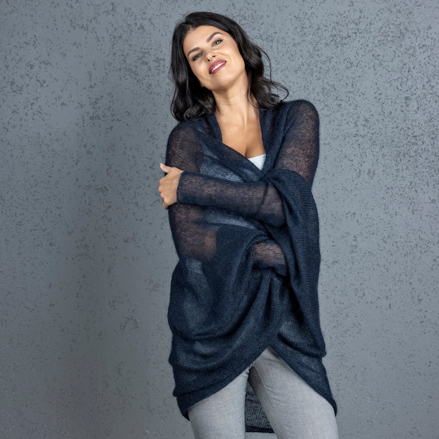 Knit lightweight mohair long cardigan wrap WRAPER - dark blue