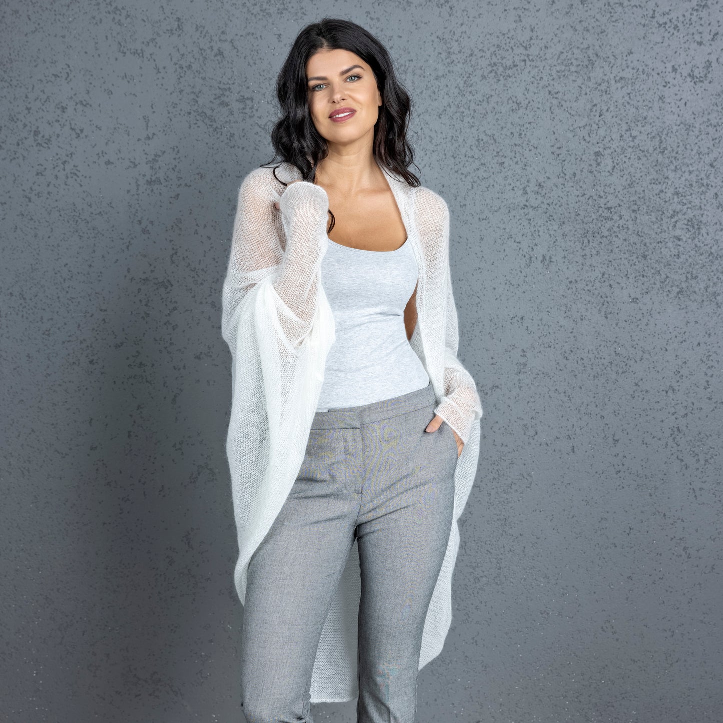 Knit lightweight mohair long cardigan wrap WRAPER - white