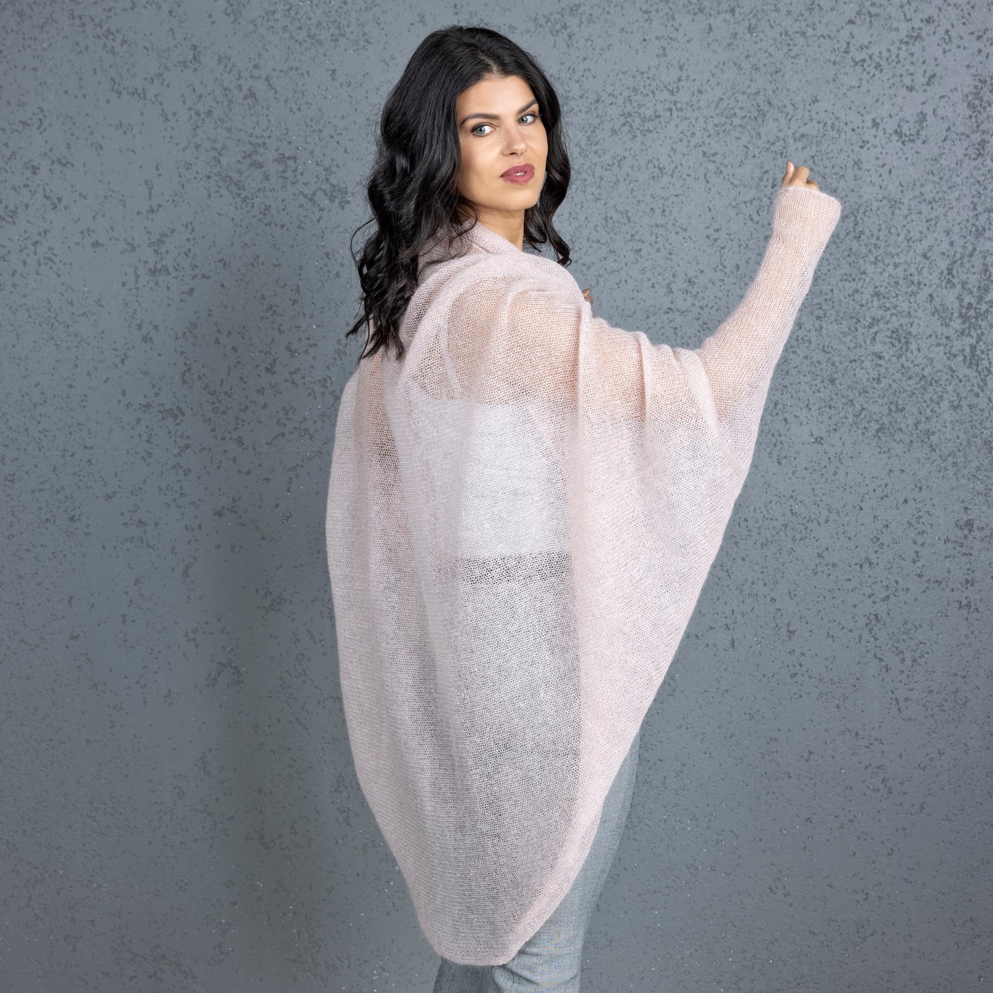 Knit lightweight mohair long cardigan wrap WRAPER - dusty rose