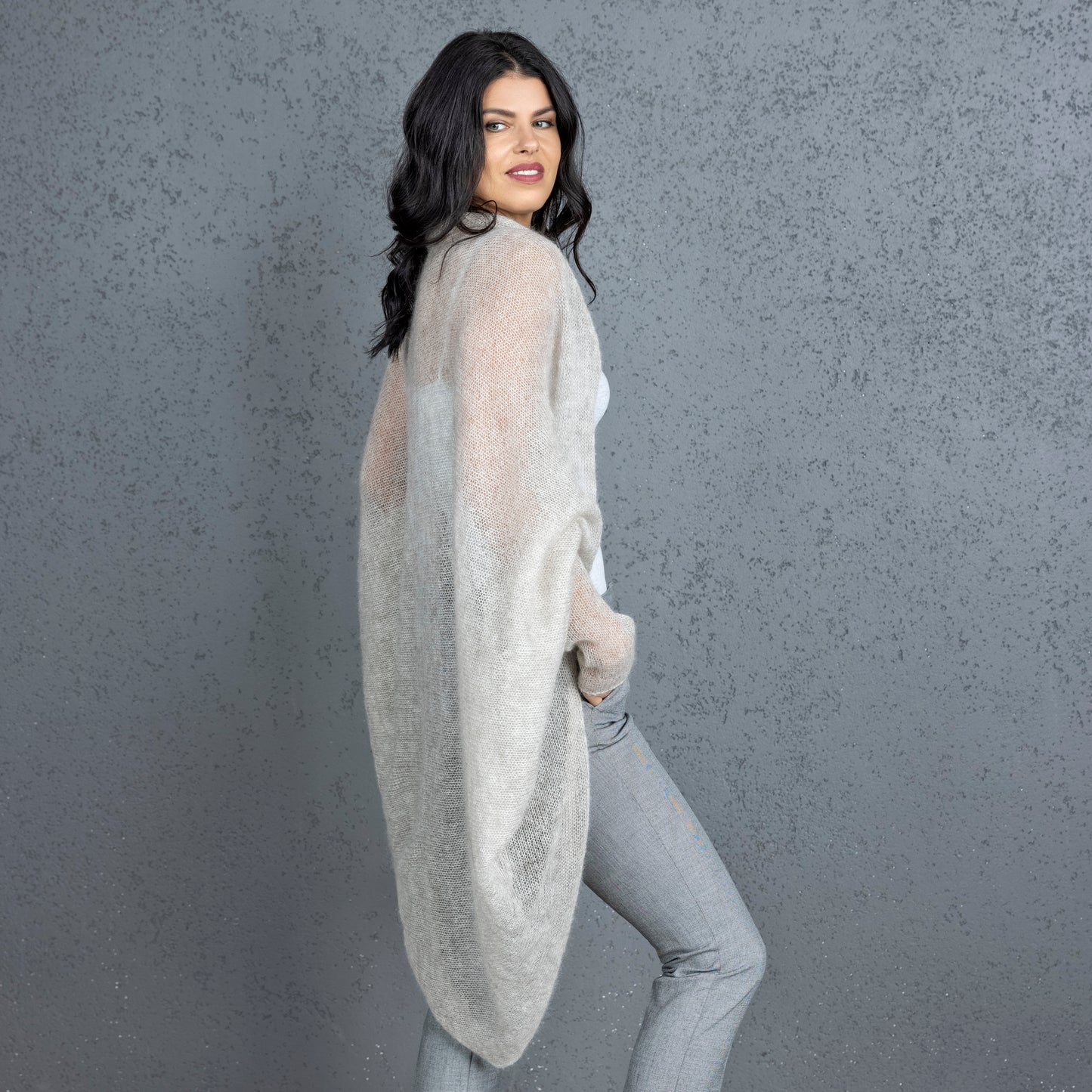 Knit lightweight mohair long cardigan wrap WRAPER - beige