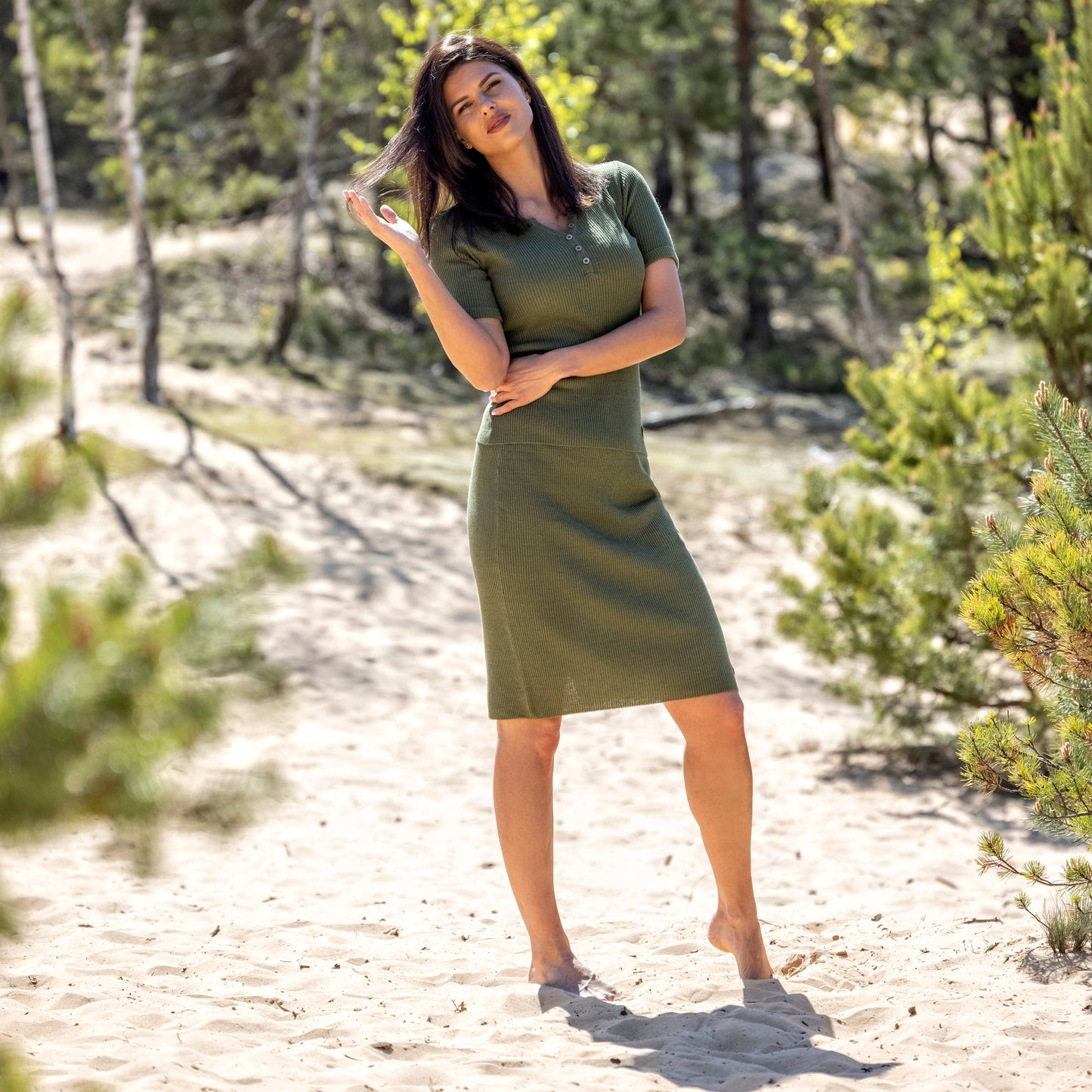 Linen thin t-shirt and pencil skirt Emily - moss THE SET