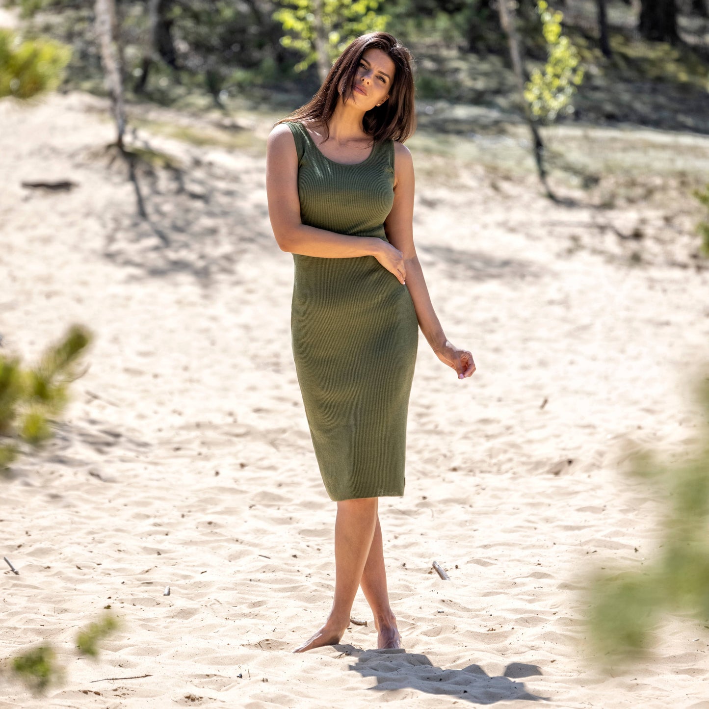 Linen thin knit dress PEARL - moss