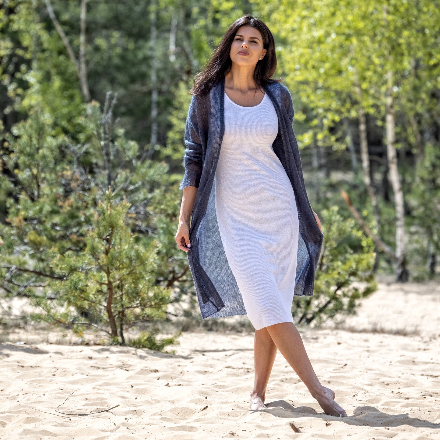 Knit lightweight mohair long cardigan Wind - blue with gray shade