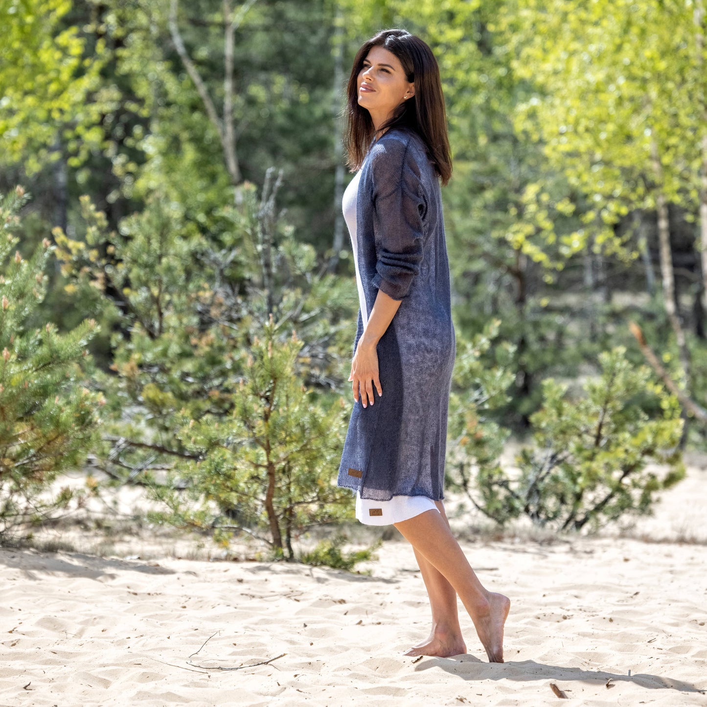 Knit lightweight mohair long cardigan Wind - blue with gray shade