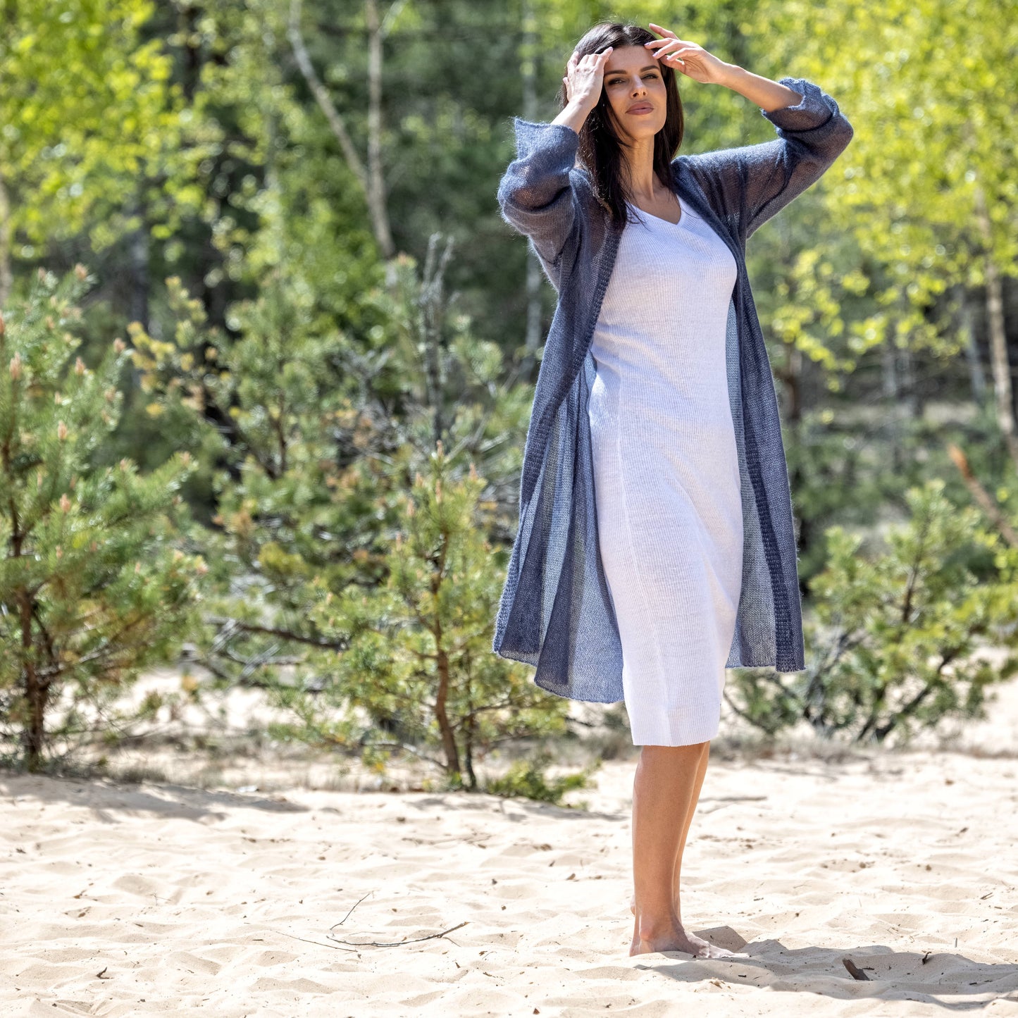 Knit lightweight mohair long cardigan Wind - blue with gray shade