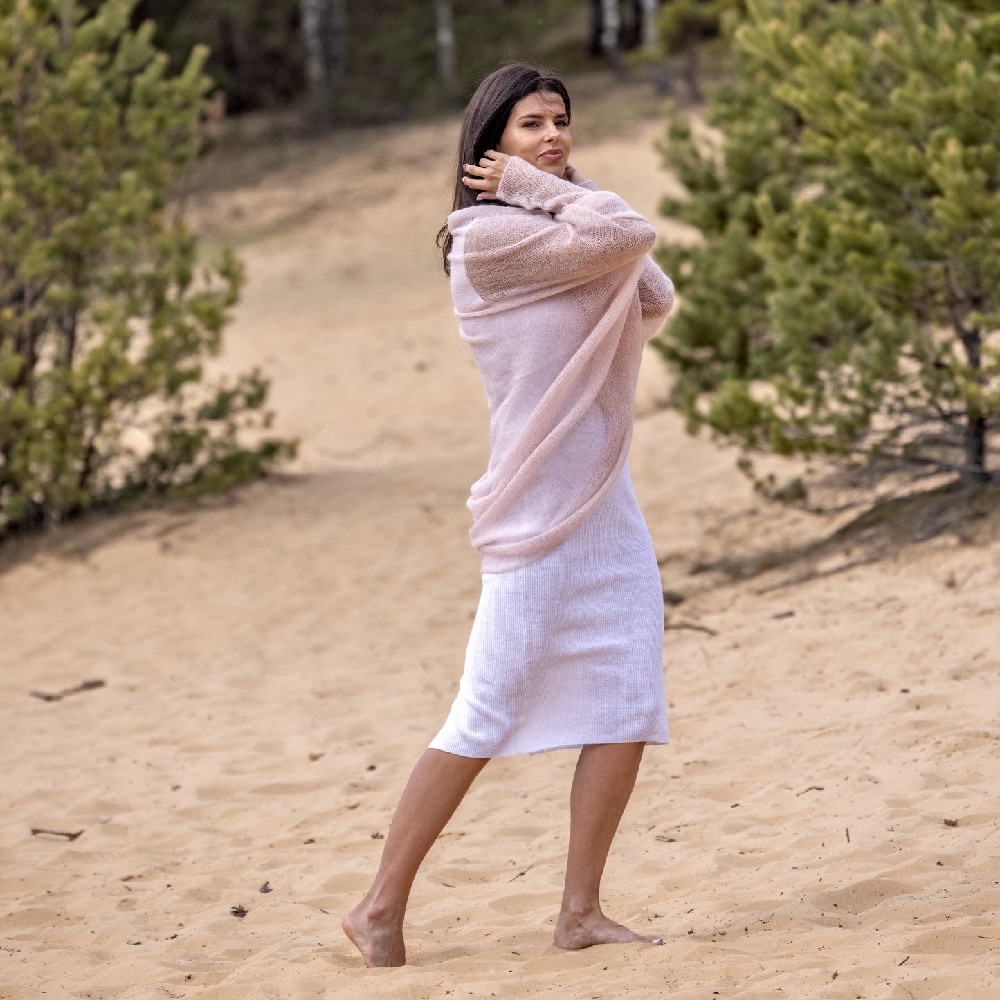 Knit lightweight mohair long cardigan wrap WRAPER - dusty rose