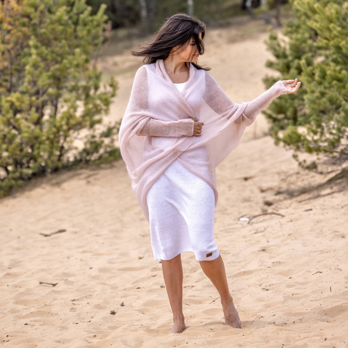 Knit lightweight mohair long cardigan wrap WRAPER - dusty rose
