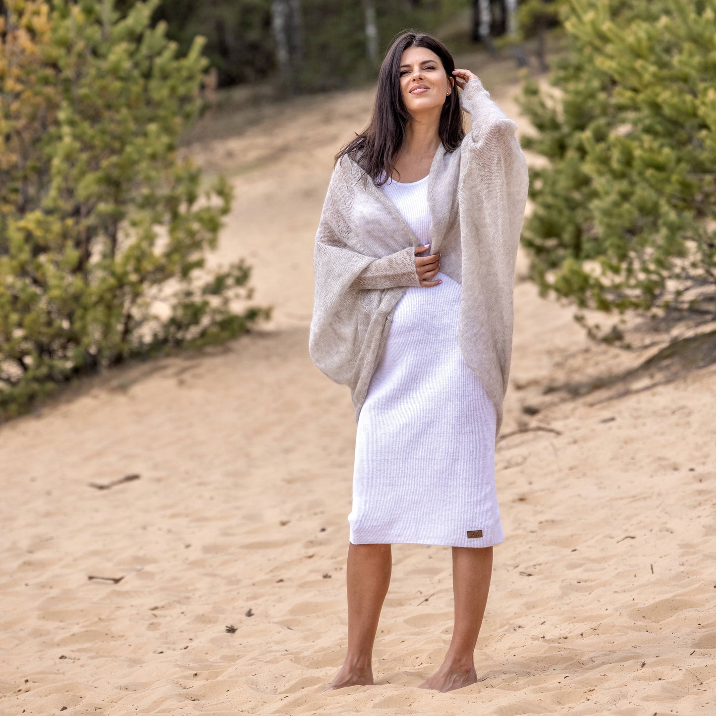 Knit lightweight mohair long cardigan wrap WRAPER - beige