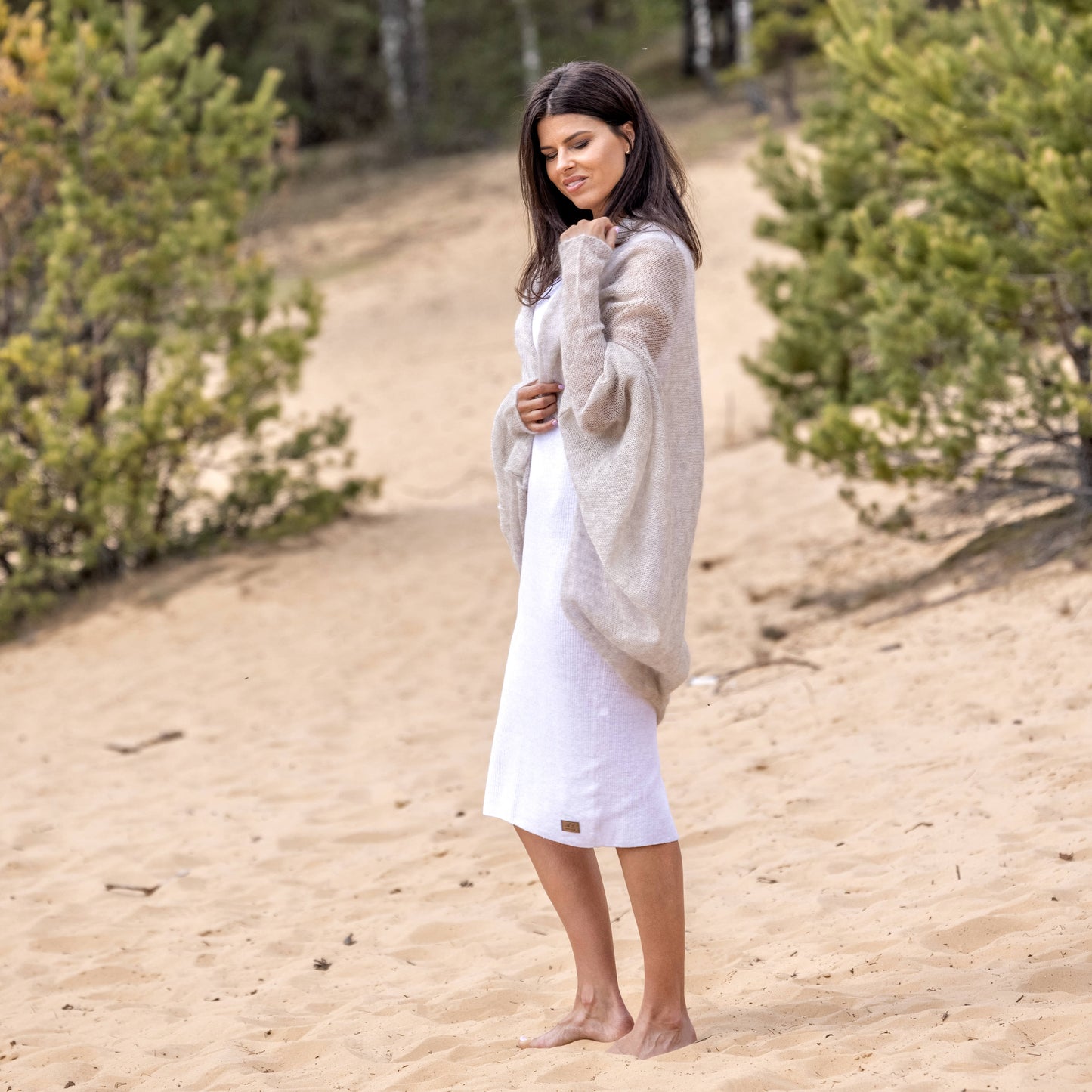 Knit lightweight mohair long cardigan wrap WRAPER - beige
