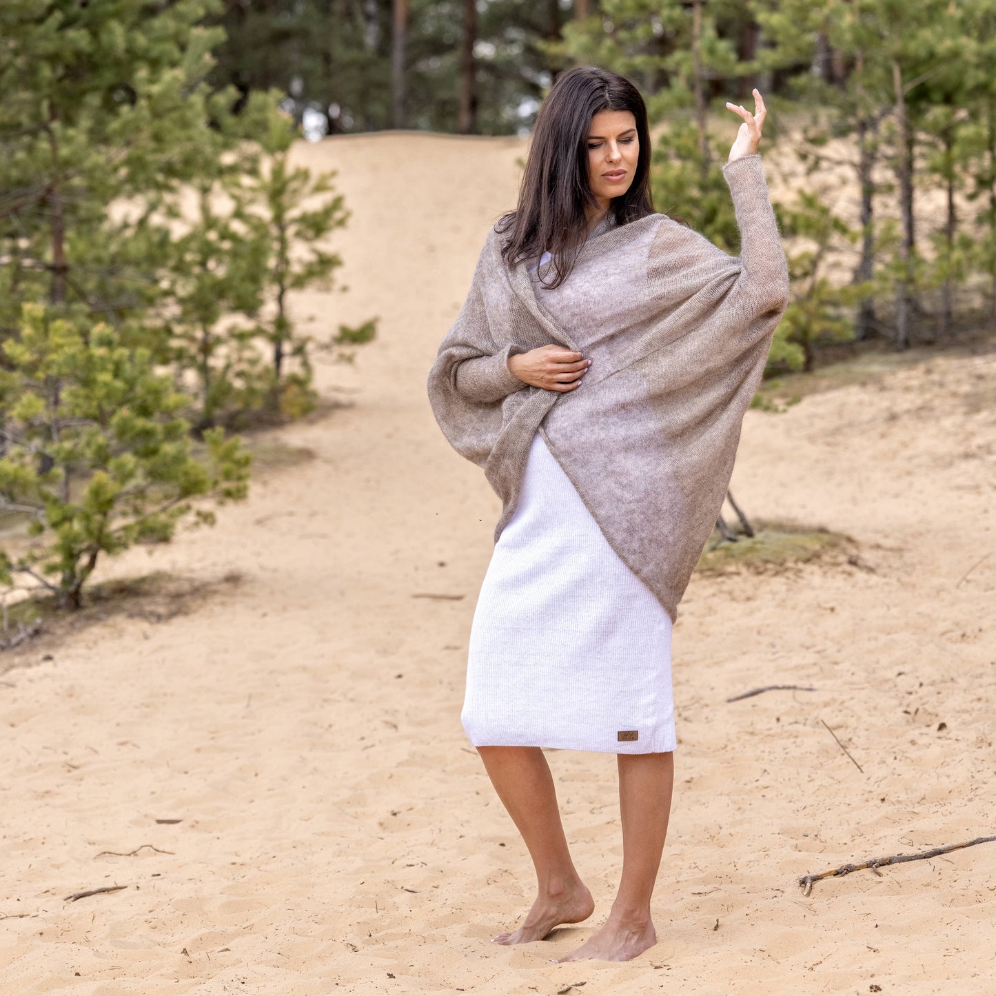 Knit lightweight mohair long cardigan wrap WRAPER - cocoa
