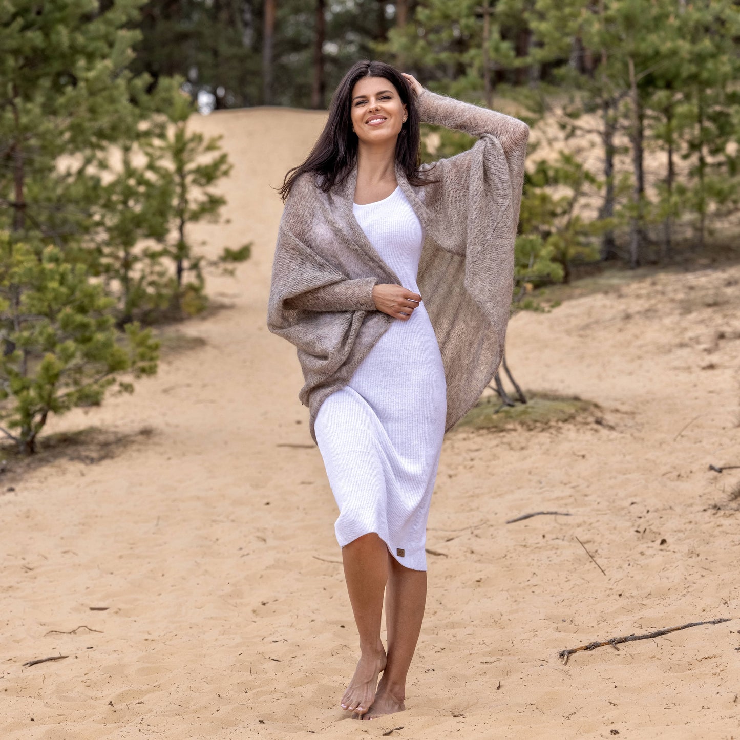 Knit lightweight mohair long cardigan wrap WRAPER - cocoa