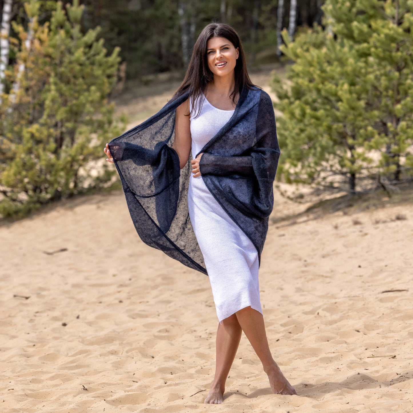 Knit lightweight mohair long cardigan wrap WRAPER - dark blue