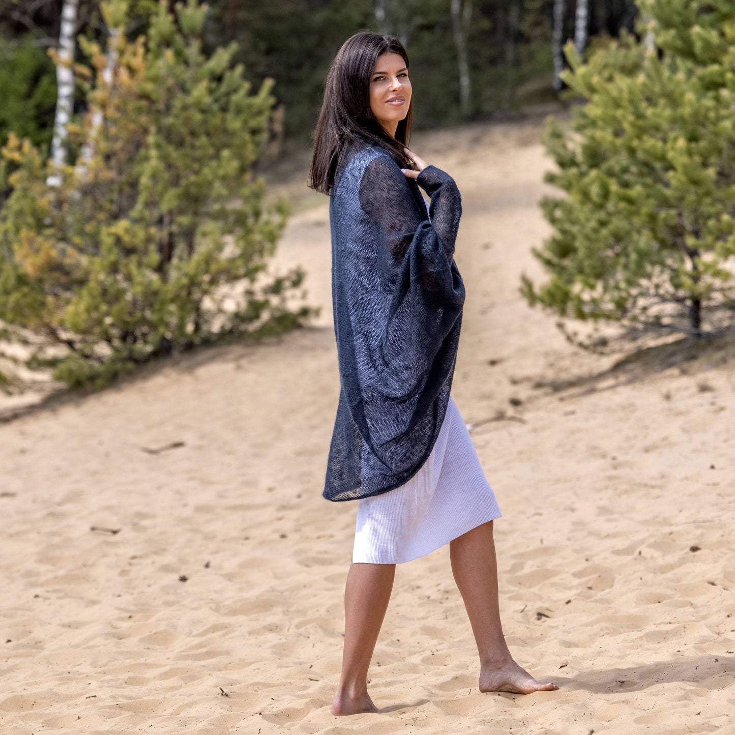 Knit lightweight mohair long cardigan wrap WRAPER - dark blue