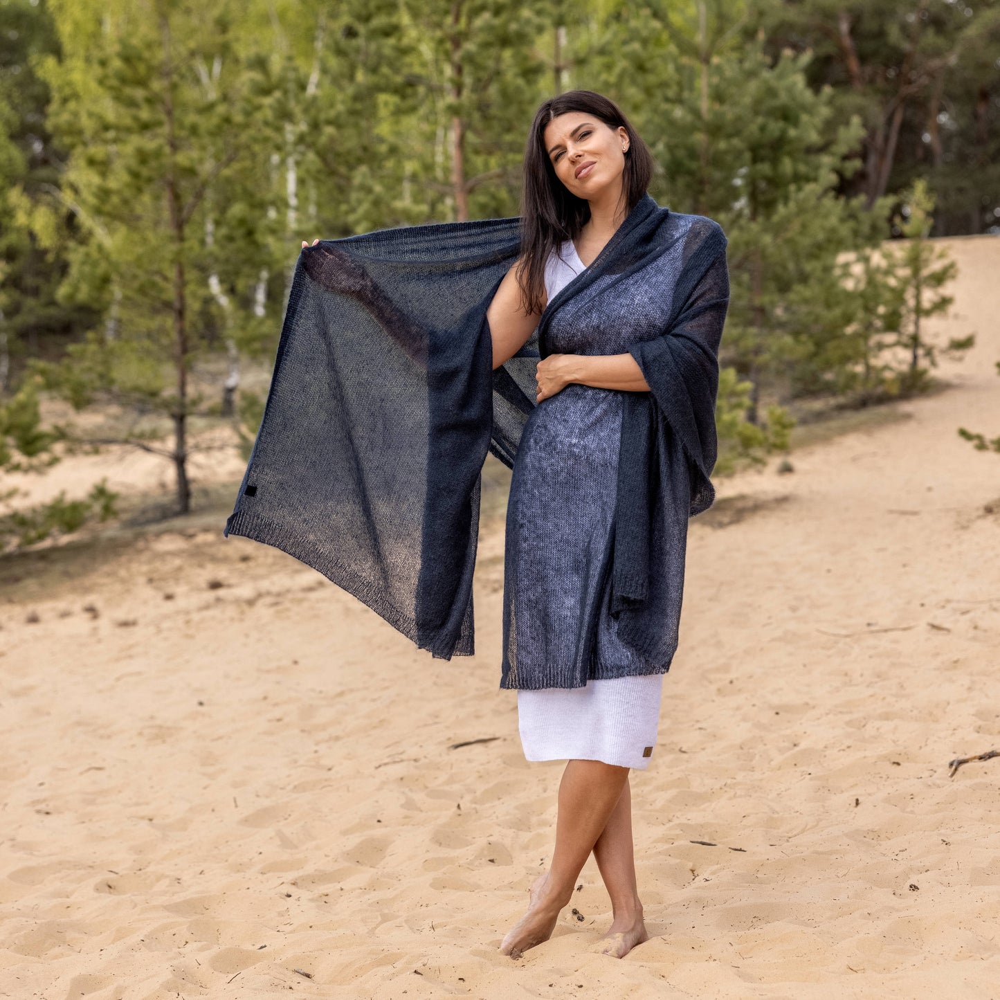 Feast Gala Wedding cape wrap shrug shawl knit from kid mohair - dark blue