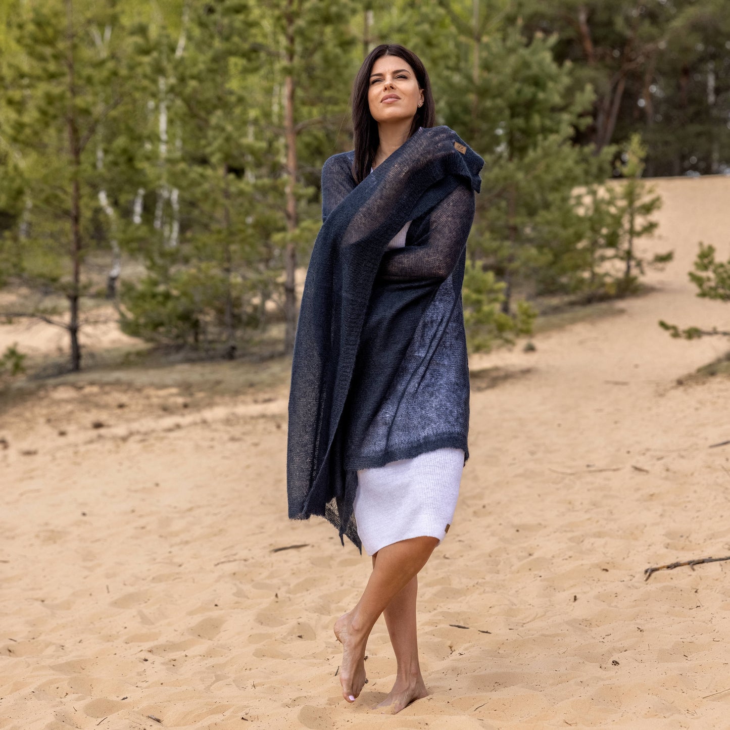 Feast Gala Wedding cape wrap shrug shawl knit from kid mohair - dark blue