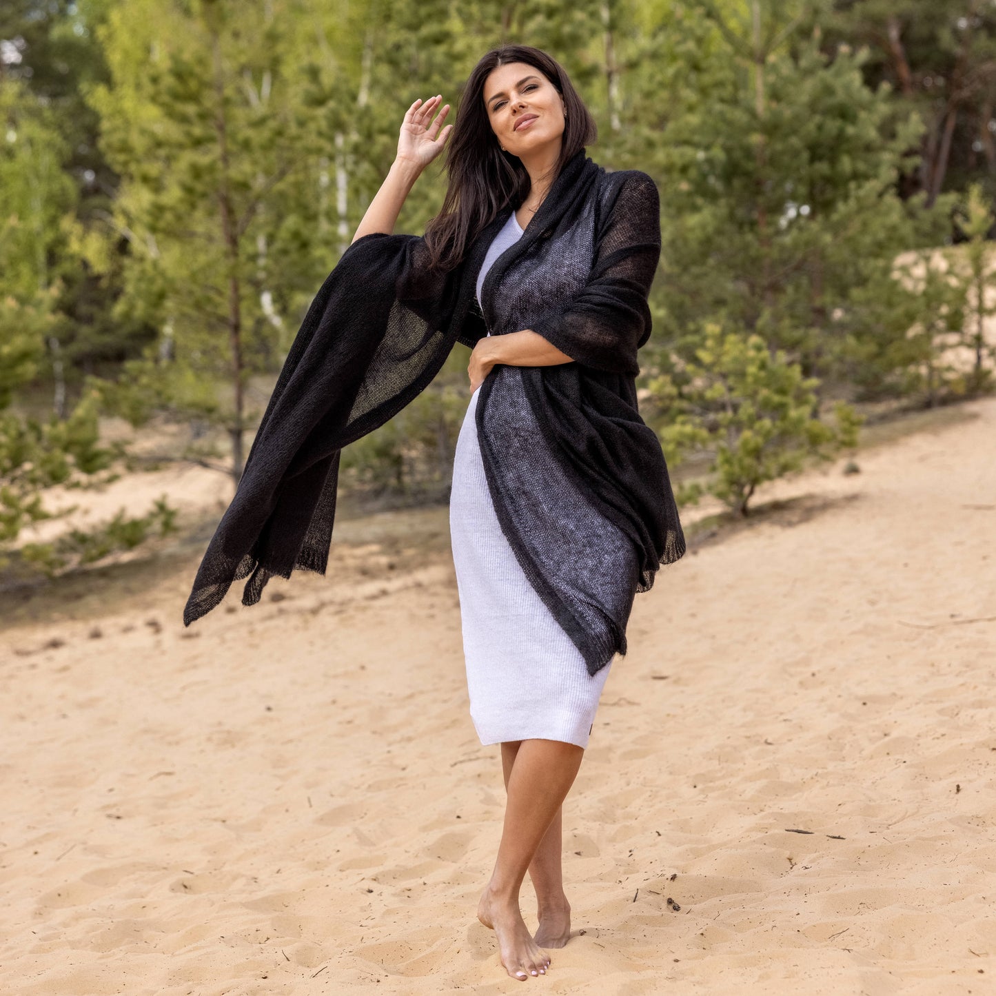 Feast Gala Wedding cape wrap shrug shawl knit from kid mohair - black