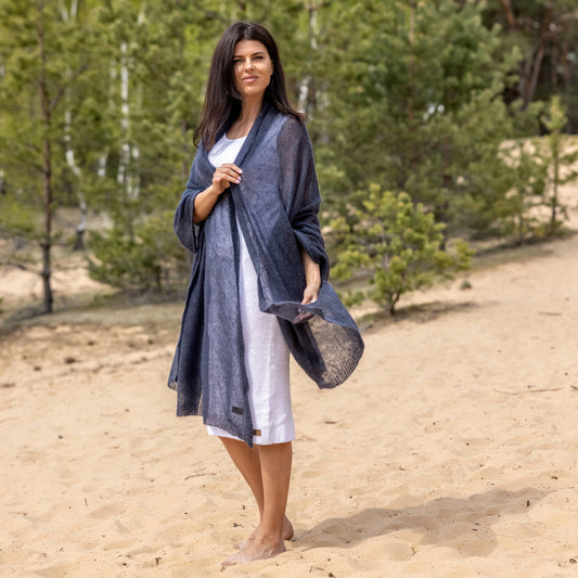 Feast Gala Wedding cape wrap shrug shawl knit from kid mohair - blue with gray shade