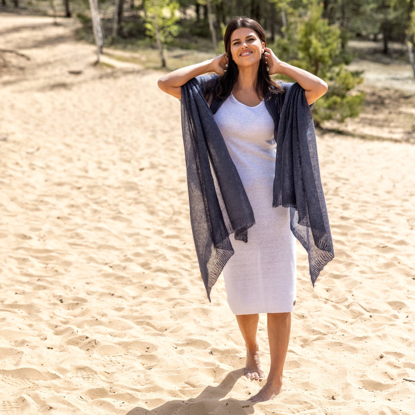 Feast Gala Wedding cape wrap shrug shawl knit from kid mohair - blue with gray shade
