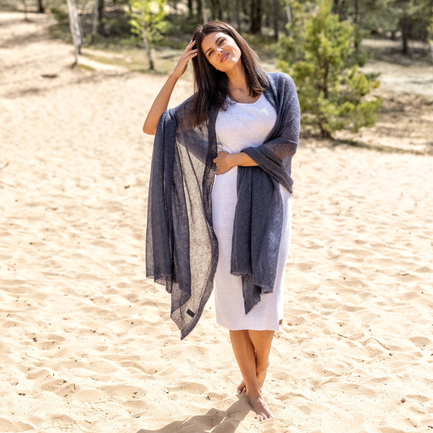 Feast Gala Wedding cape wrap shrug shawl knit from kid mohair - blue with gray shade