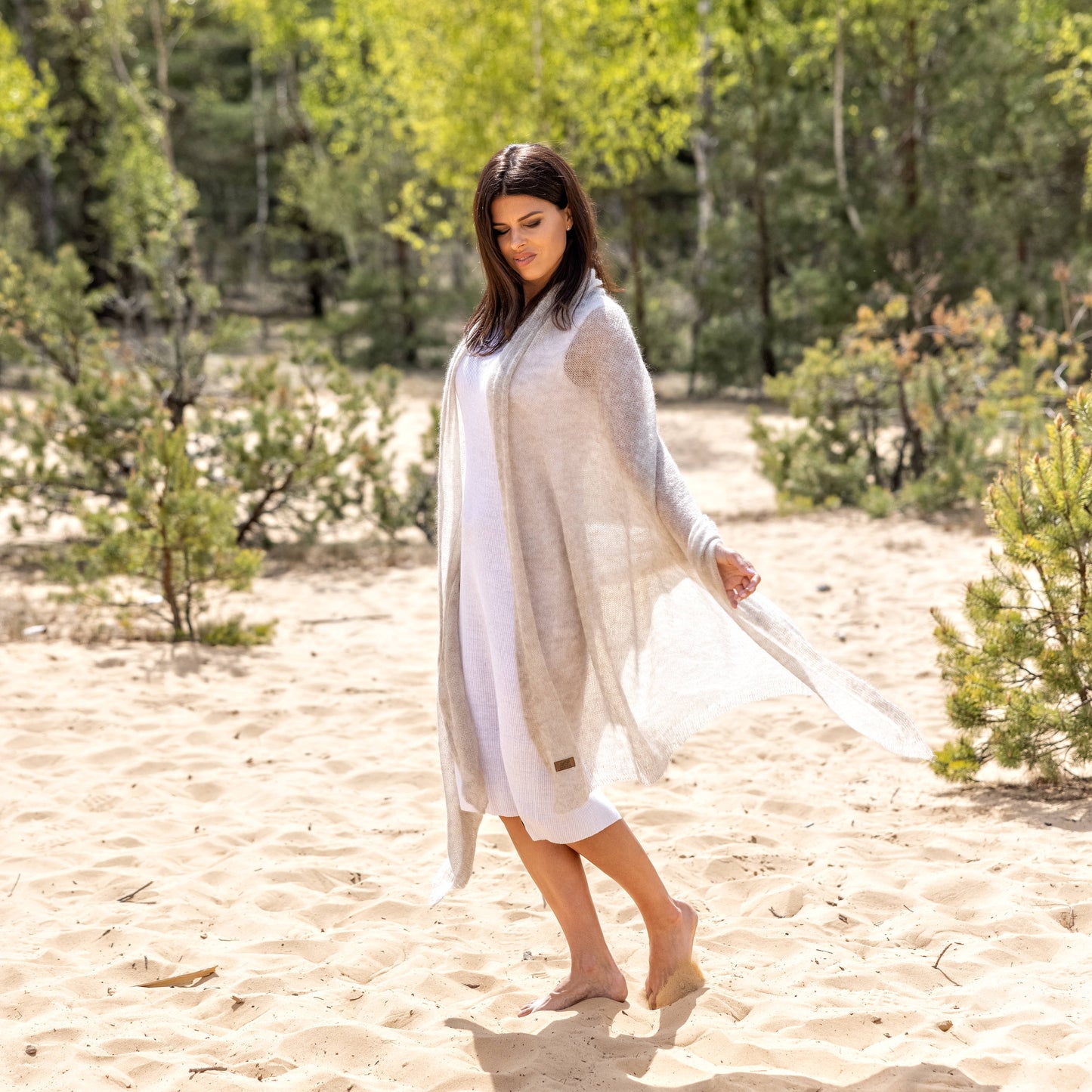 Feast Gala Wedding cape wrap shrug shawl knit from kid mohair - beige
