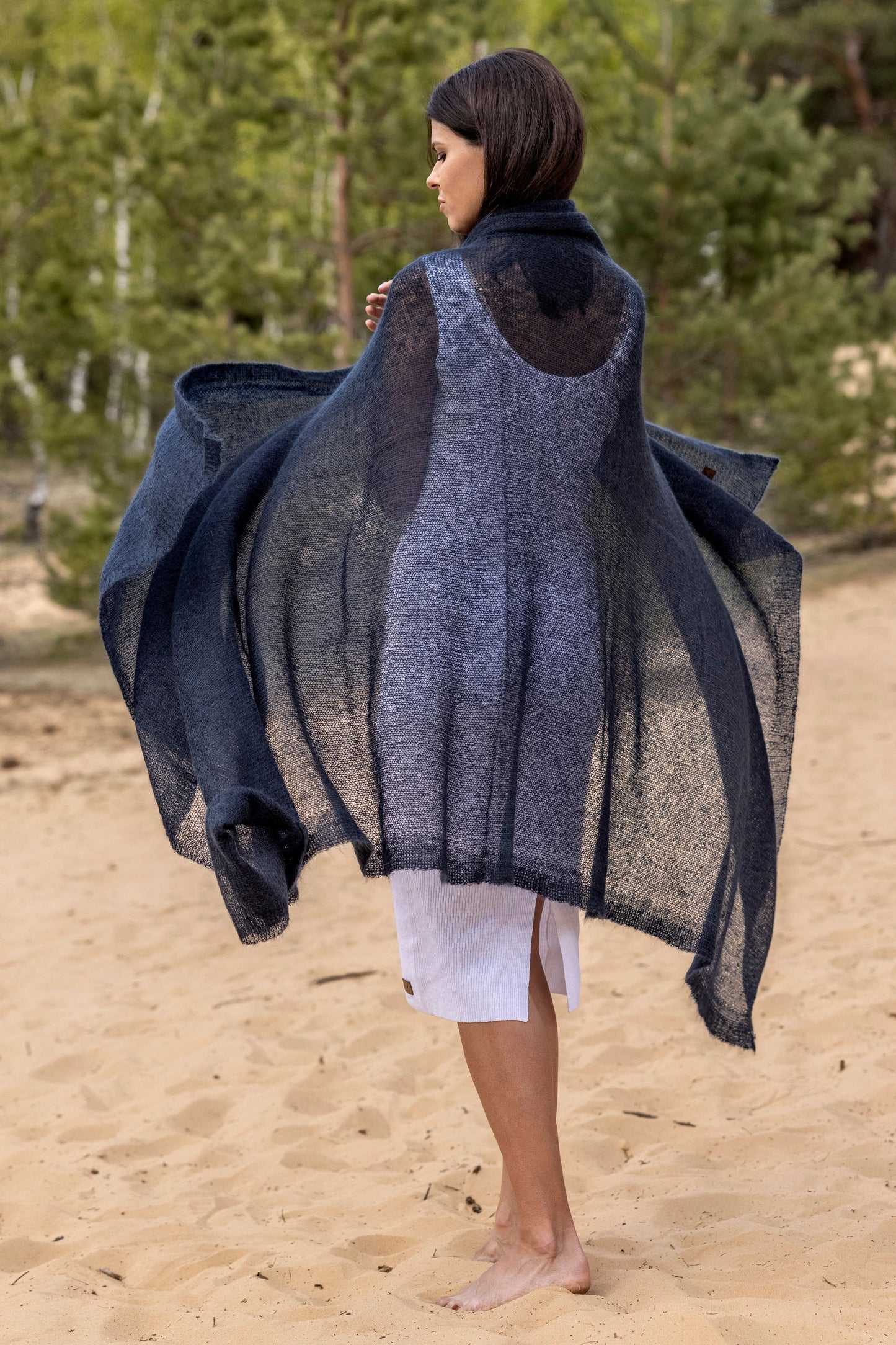 Feast Gala Wedding cape wrap shrug shawl knit from kid mohair - dark blue