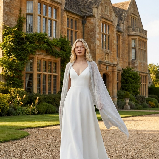 Cape de mariée en maille mohair gris clair