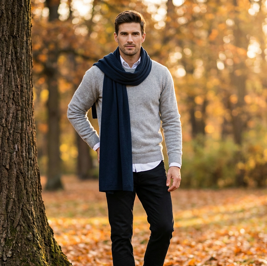 Knitted wide minimalist 100% merino wool scarf - dark blue