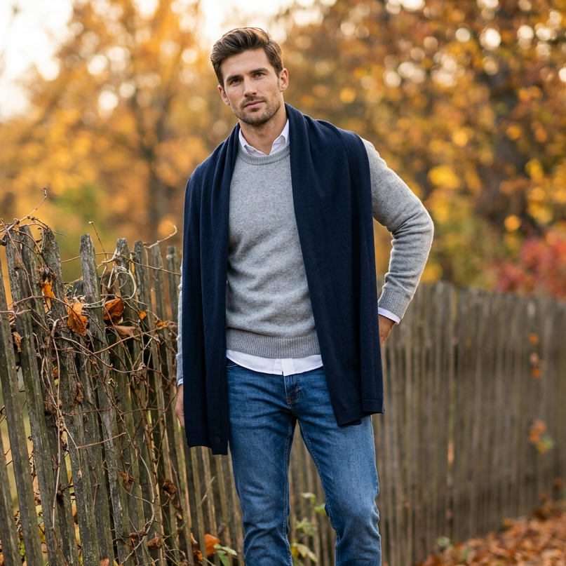Knitted wide minimalist 100% merino wool scarf - dark blue