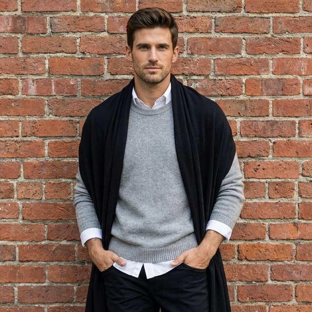 Knitted wide minimalist 100% merino wool scarf - black