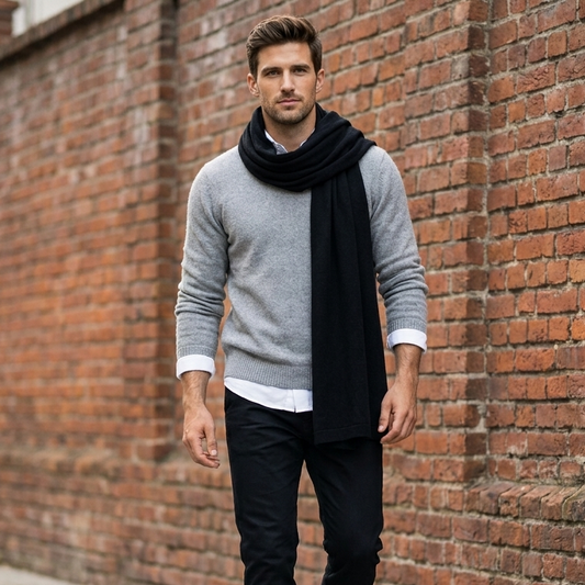 Knitted wide minimalist 100% merino wool scarf - black