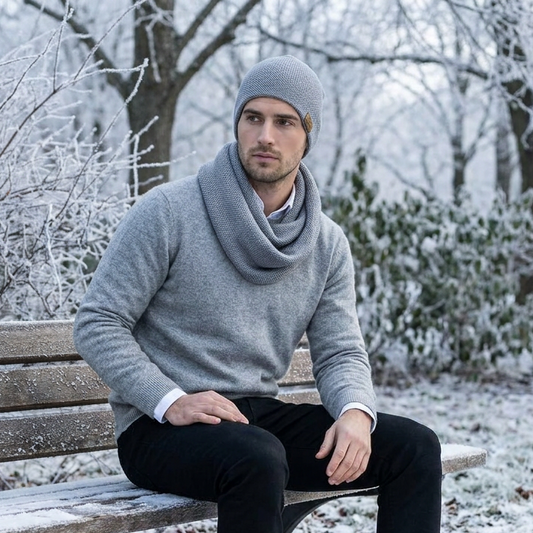 Vyriškas megztas merino vilnos šalikas ir kepurė be galo - šviesiai pilka